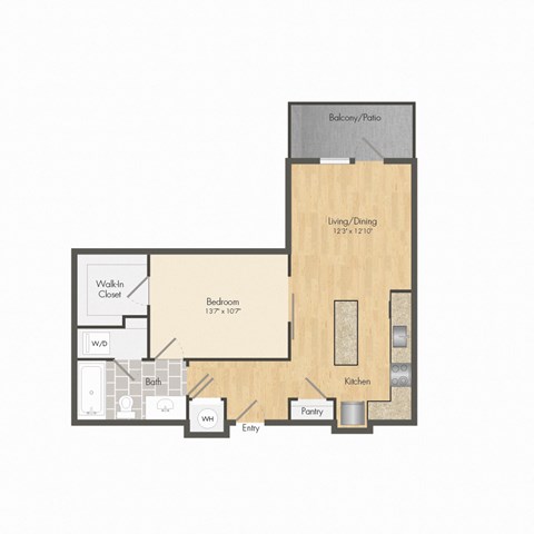 Floor plan for 1 bed, 1 bath, 666 sqft